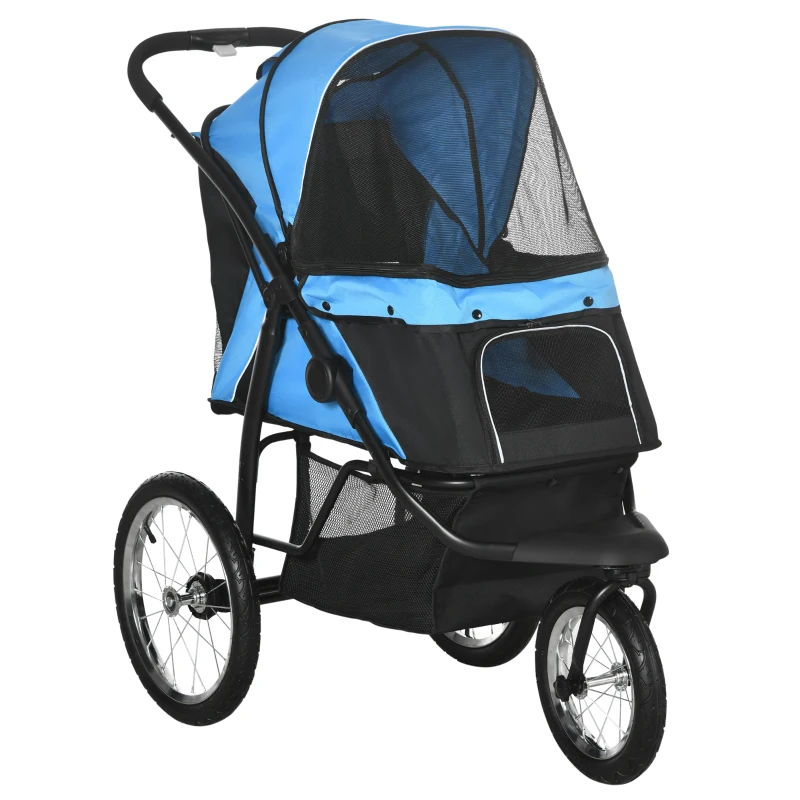 PawHut Carrito para Perros Medianos Pequeños con Cesta de Almacenaje Capota Ajustable y Ventana de Malla 111x58x107 cm Azul