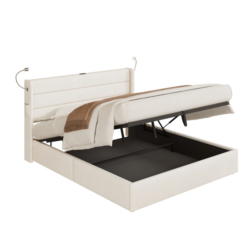King Upholstered Bed with Hydraulic Storage, Adjustable LED Reading Light, Practical Headboard for Living Room, 208L x 158W x 113H cm, Beige