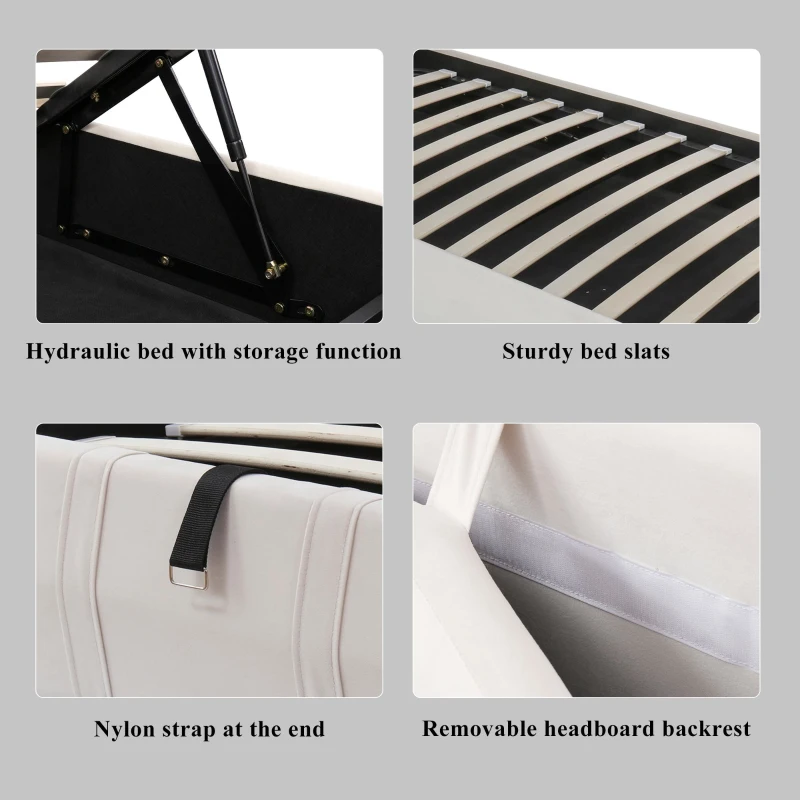 Upholstered Hydraulic Bed with Storage and Removable Headboard, Crafted Headboard with Velvet and Plywood, 210L x 110W x 90H cm, Beige