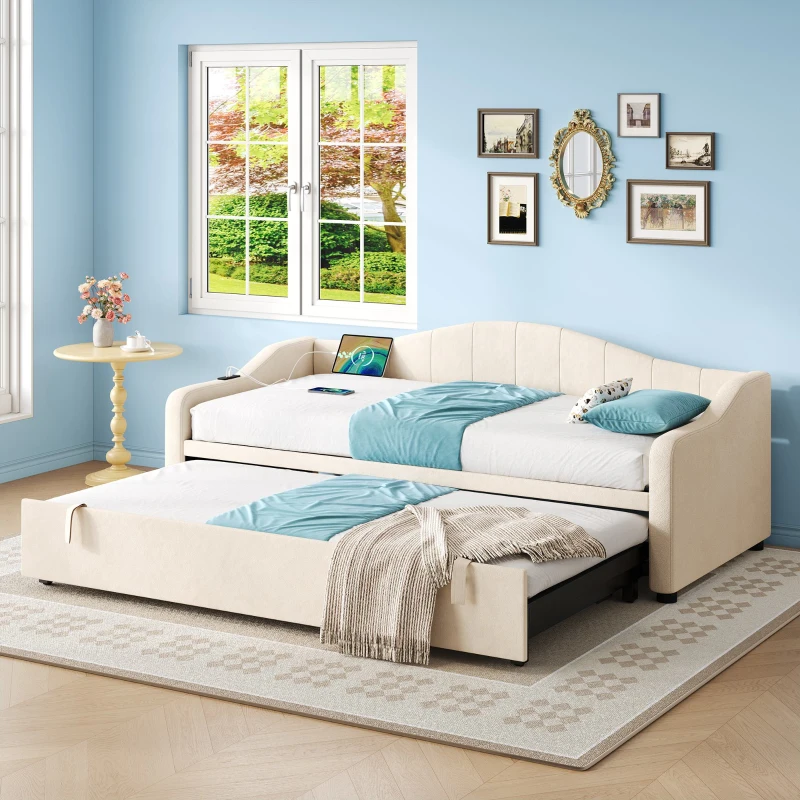 Velvet Upholstered Daybed with USB and Type-C Charging Ports, Convertible Sofa Bed with Pull-Out Trundle, 202L x 193W x 78H cm, Beige