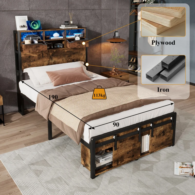 Modern Metal Single Bed with LED Lights and Charging Ports, Crafted Headboard with Sturdy Iron Slats, 209L x 90.5W x 114.5H cm, Black+Natural