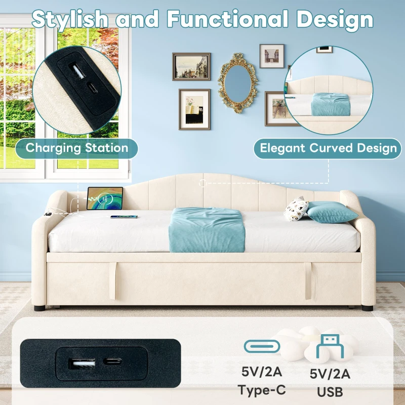 Velvet Upholstered Daybed with USB and Type-C Charging Ports, Convertible Sofa Bed with Pull-Out Trundle, 202L x 193W x 78H cm, Beige