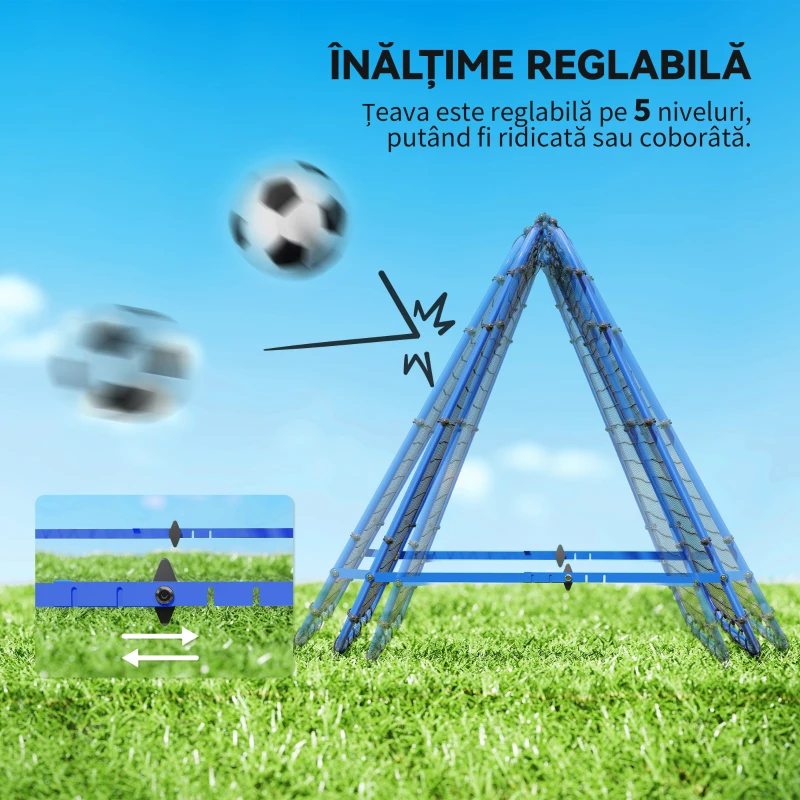 HOMCOM Plasa de fotbal pliabila din PE si metal, cu unghi reglabil si cuie, 100x95x90 cm, albastru