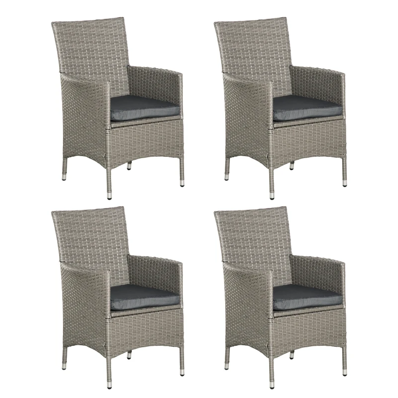 Outsunny Set of Four Rattan Armchairs, with Cushions - Grey
