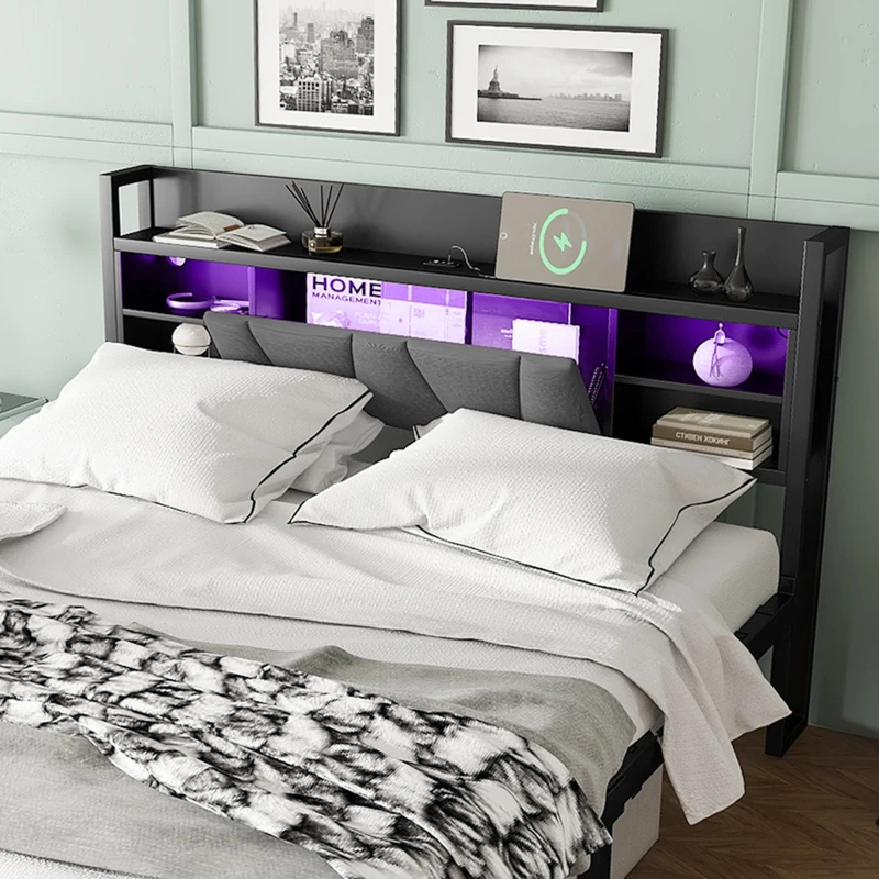Metal Bed with LED Lights and Charging Ports, Bed Frame with Wheeled Drawers, Padded Storage, 209L x 137.5W x 100H cm, Black