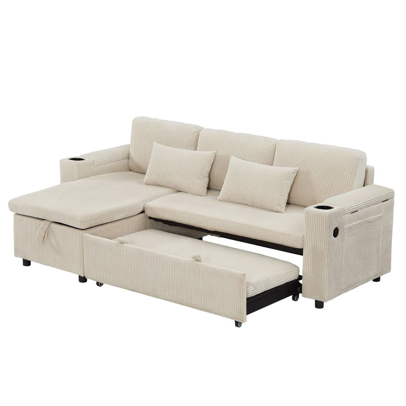 3-in-1 Convertible Corduroy Sofa Bed with Storage and Charging Station, L-Shaped Sleeper Sofa with Armrest, 205L x 128W x 79H cm, Beige