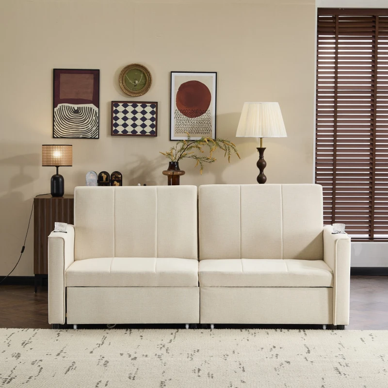 Versatile Sofa Bed with King-Size Independent Pull-Out and Fabric Design, Sleeper Sofa with Cup Holders and Pockets, 207L x 87W x 96H cm, Beige