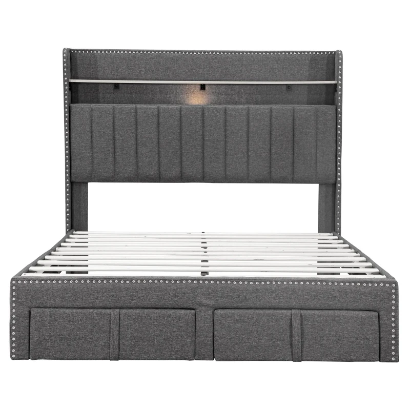 Double Upholstered Bed with Storage Drawers, Charging Ports, Linen Platform Frame with LED Night Light, 205L x 142.5W x 122H cm, Grey