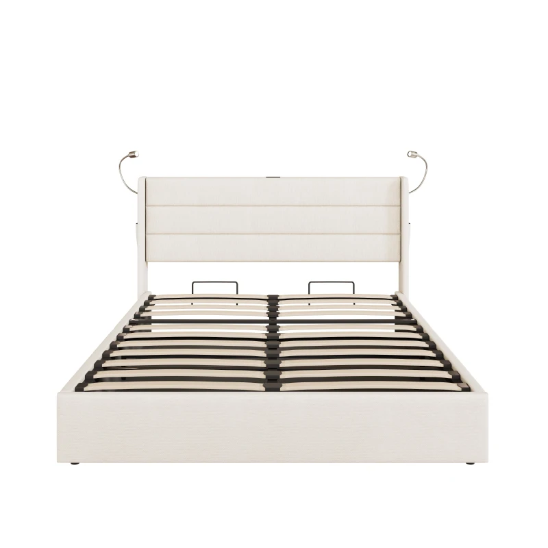 King Upholstered Bed with Hydraulic Storage, Adjustable LED Reading Light, Practical Headboard for Living Room, 208L x 158W x 113H cm, Beige
