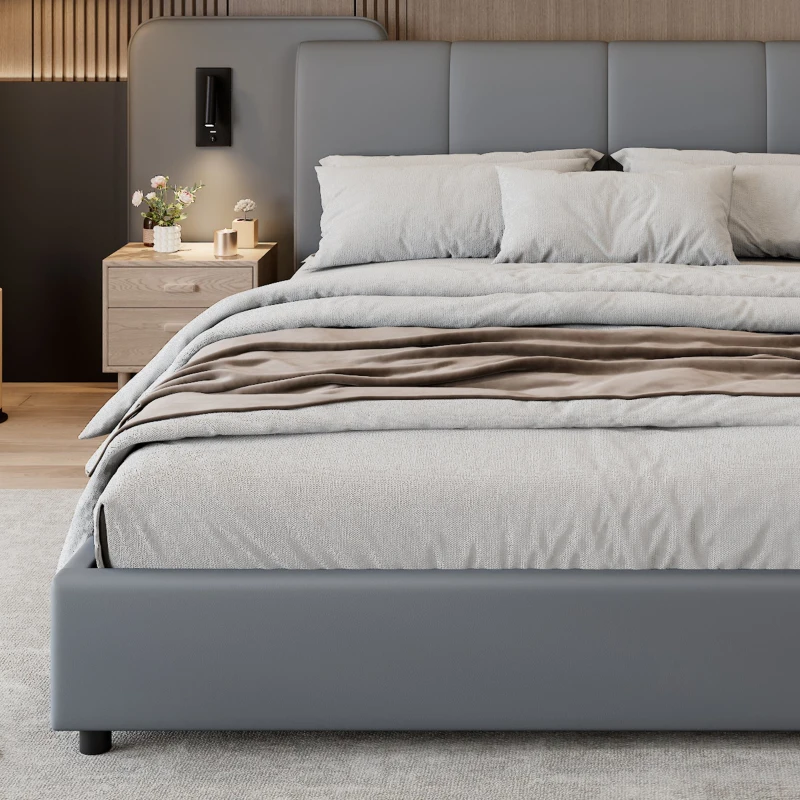 Upholstered Double Bed with Charging Port and Lighting, Full-Size Bed with Impact-Resistant Sponge Padding, 209L x 221W x 86.5H cm, Grey
