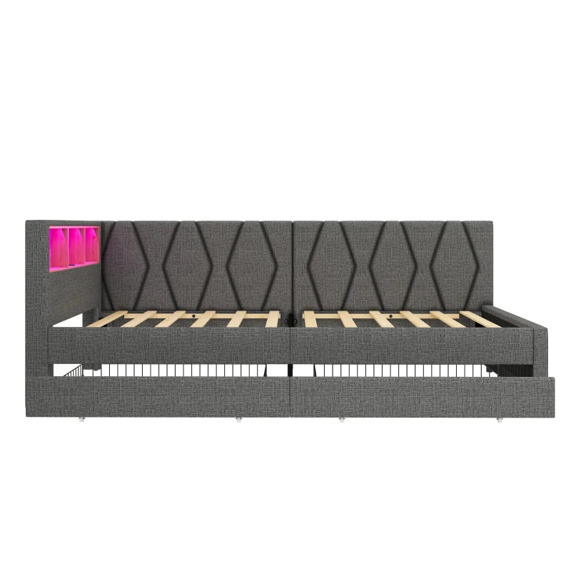 Single Daybed with Storage Drawers, LED Headboard, Charging Station, Linen Sofa Bed Ideal for Compact Rooms, 200L x 97W x 82H cm, Grey