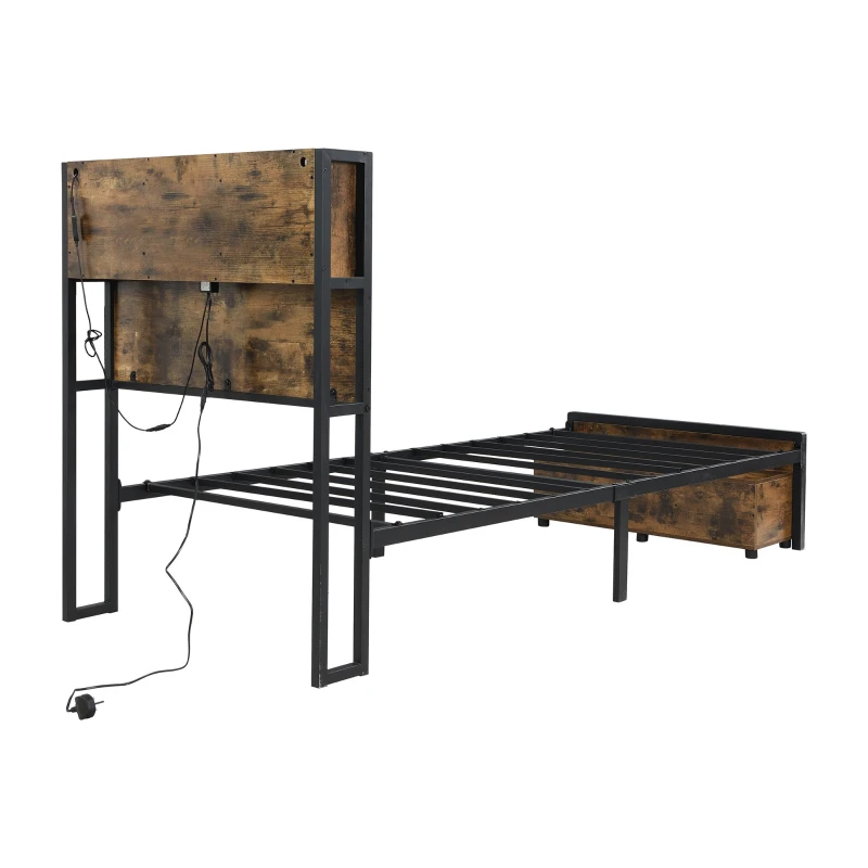 Modern Metal Single Bed with LED Lights and Charging Ports, Crafted Headboard with Sturdy Iron Slats, 209L x 90.5W x 114.5H cm, Black+Natural