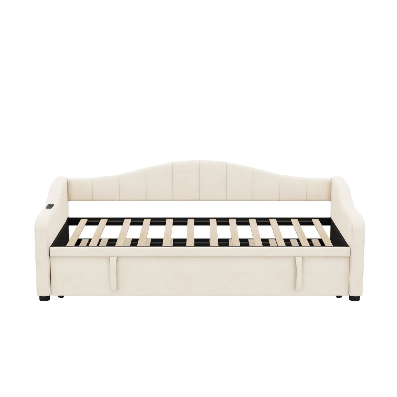 Velvet Upholstered Daybed with USB and Type-C Charging Ports, Convertible Sofa Bed with Pull-Out Trundle, 202L x 193W x 78H cm, Beige