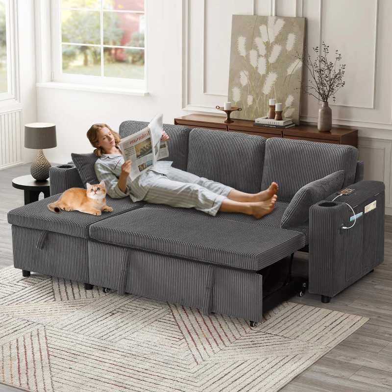 3-in-1 Convertible Corduroy Sofa Bed with Chaise and Charging Station, L-Shaped Sleeper Sofa with Armrest, 205L x 128W x 79H cm, Grey
