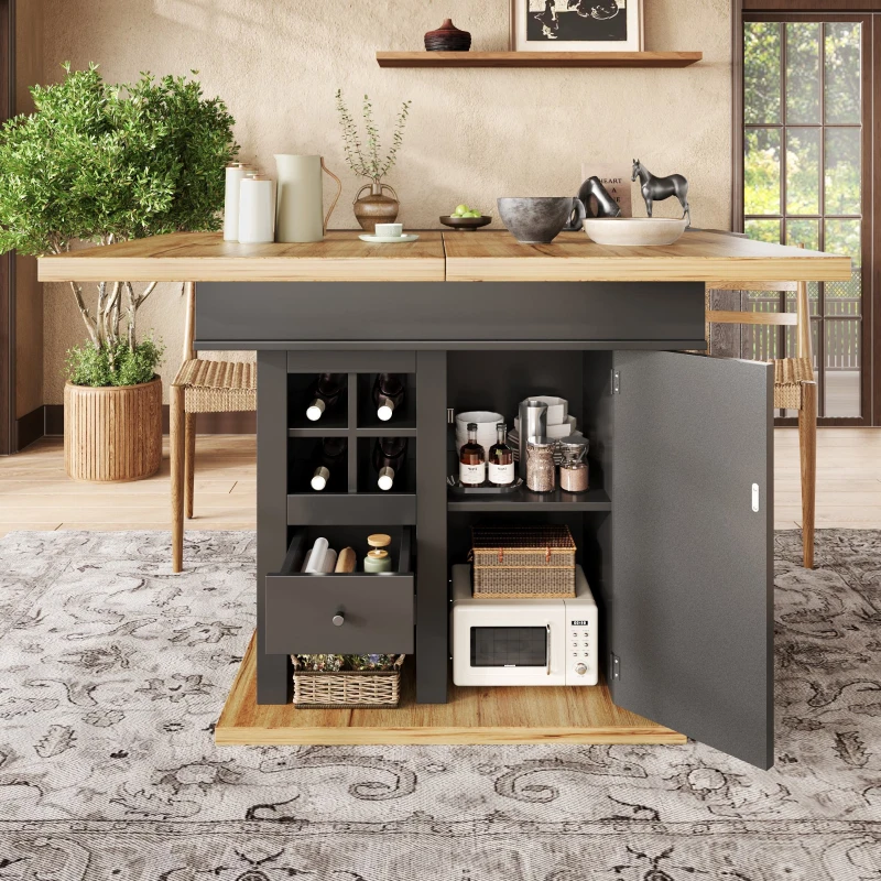 Extendable Dining Table with Modern Design for 4-6 People, Kitchen Table with Wine Rack and Drawers, 110L x 80W x 75H cm, Black+Natural