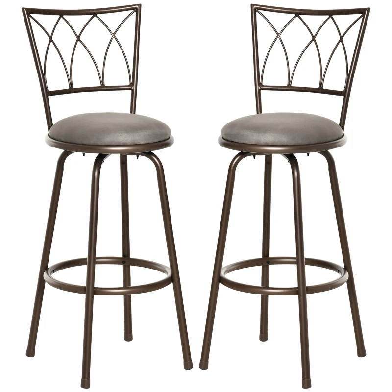 HOMCOM Set of 2 Bar Chairs Swivel Armless Upholstered Metal Frame Barstools with Backrest & Footrest, Bronze
