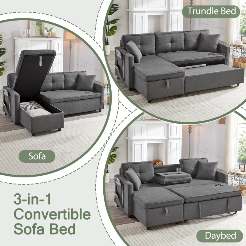 L-Shaped Convertible Sofa Bed with Reversible Chaise, Storage, Sleeper Sofa Ideal for Space-Saving Rooms, 196L x 126W x 79H cm, Grey