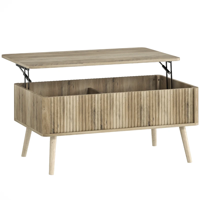 HOMCOM Mesa de Centro Elevable con Compartimentos Ocultos de Almacenaje y Patas de Pino para Salón Comedor 91x56x43 cm Roble