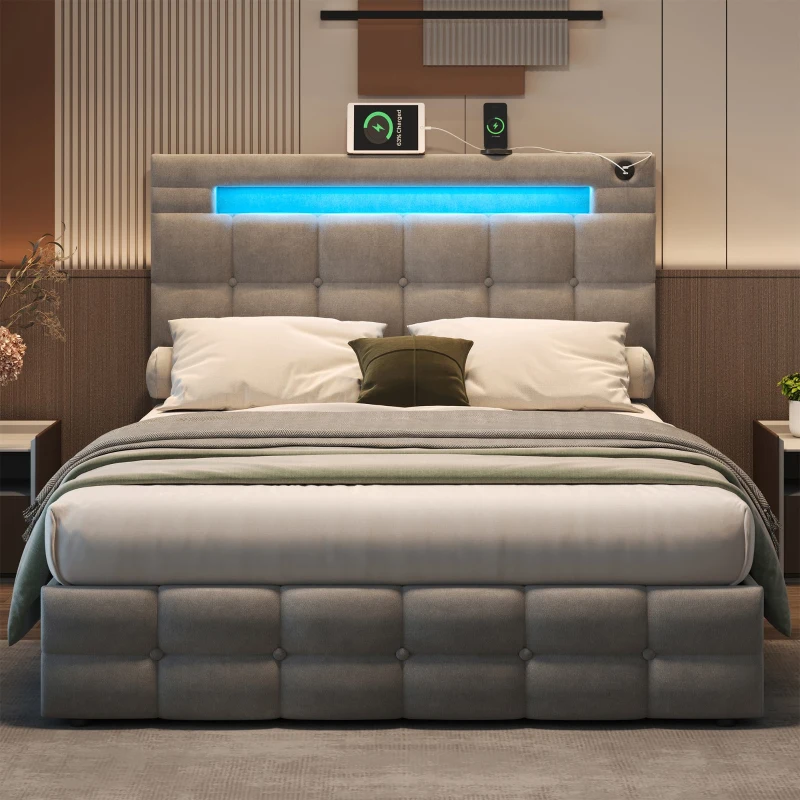 Double Upholstered Bed Frame with Hydraulic Storage, Velvet Bed with LED Lighting and Charging Station, 202.5L x 142W x 108H cm, Grey