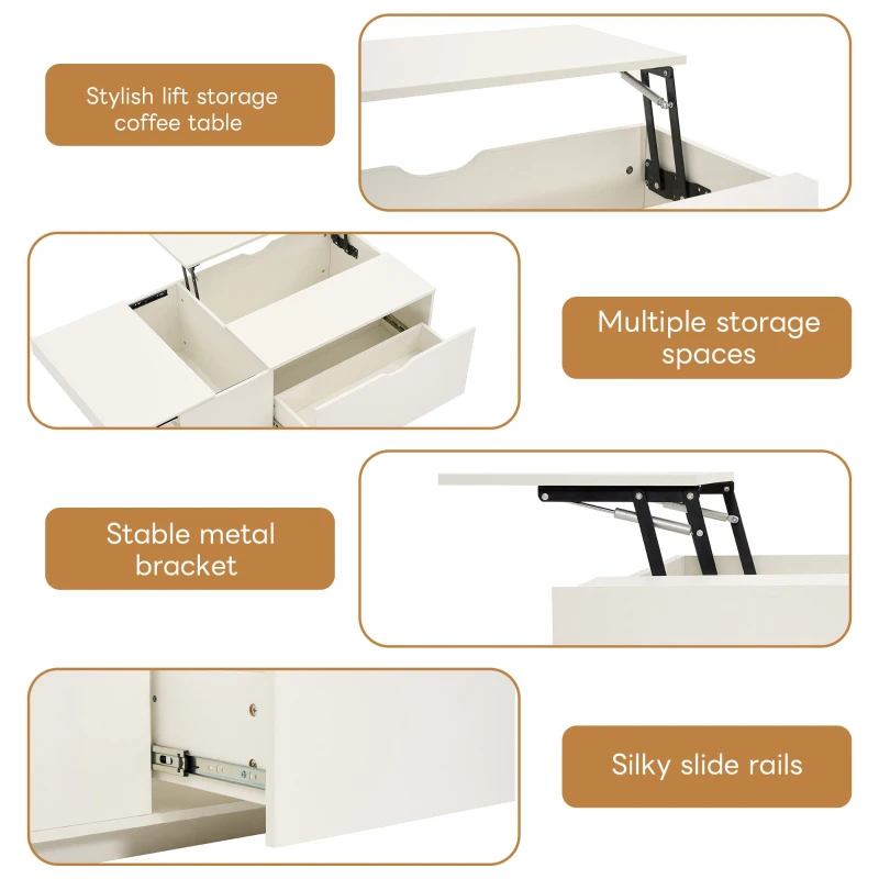 Lift Up Coffee Table with Hydraulic Mechanism, Wooden Tea Table with Drawer and Hidden Storage, 117L x 65W x 43H cm, White