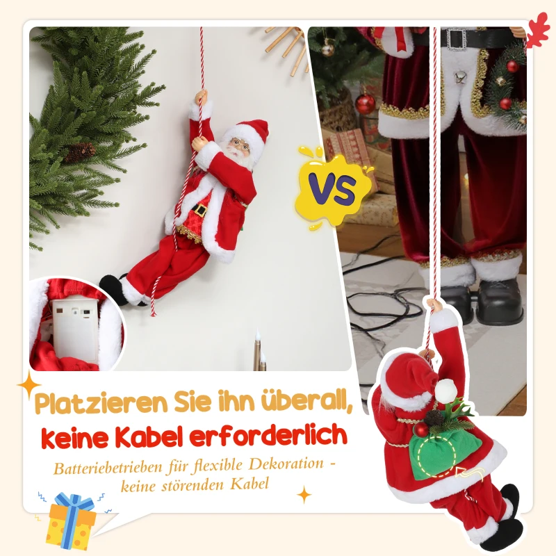 HOMCOM Kerstman 60 cm Zingend en Klimmend Kerstman met Geschenk Touw Soundfunctie Indoor, Rood