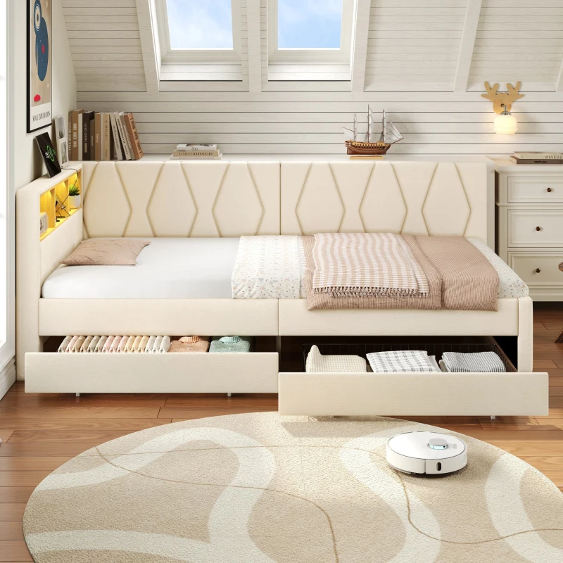 Single Daybed with Storage Drawers, LED Headboard and Charging Station, Linen Sofa Bed Ideal for Compact Rooms, 200L x 97W x 82H cm, Beige
