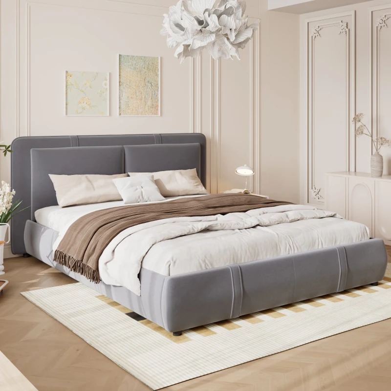 Upholstered Hydraulic Bed with Storage and Removable Headboard, Crafted Headboard with Velvet and Plywood, 210L x 159W x 90H cm, Grey