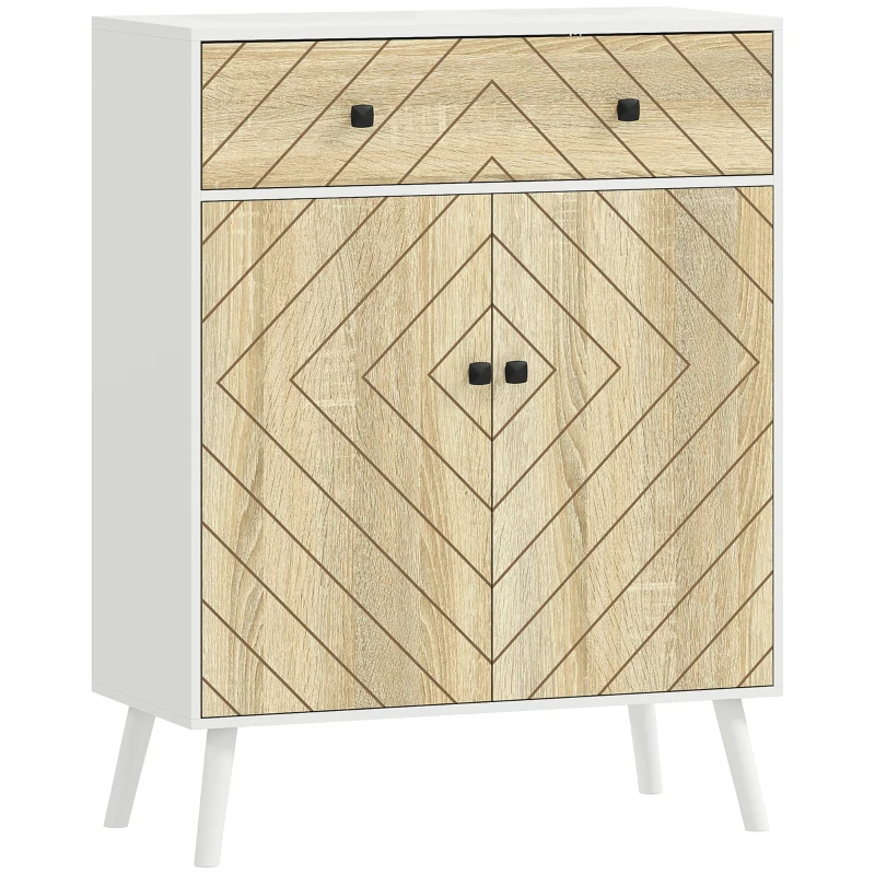 HOMCOM Sapateira de 2 Portas com Design em Espiga Prateleiras Ajustáveis Gaveta para 12 Pares de Sapatos 75x35x97 cm, Branco e Madeira