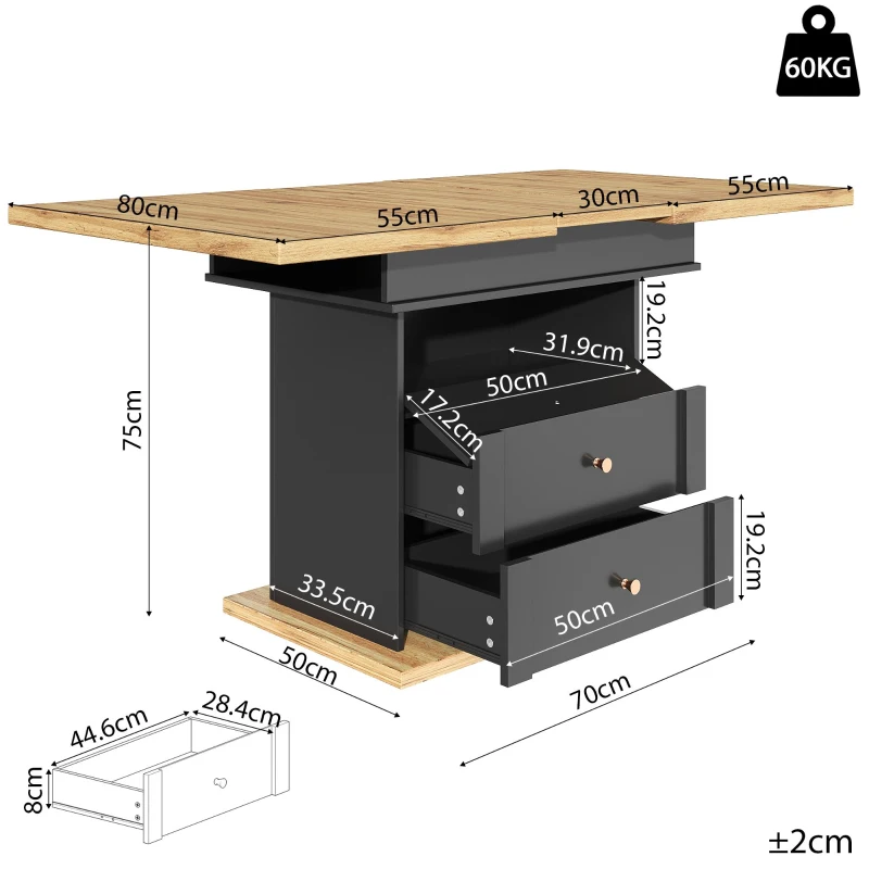 Telescopic Foldable Kitchen Table for 4-6 People with Soft-Close System, Dining Table with Hidden Storage, 110L x 80W x 75H cm, Black+Natural