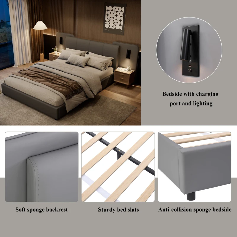 Upholstered Double Bed with Charging Port and Lighting, Full-Size Bed with Impact-Resistant Sponge Padding, 209L x 221W x 86.5H cm, Grey