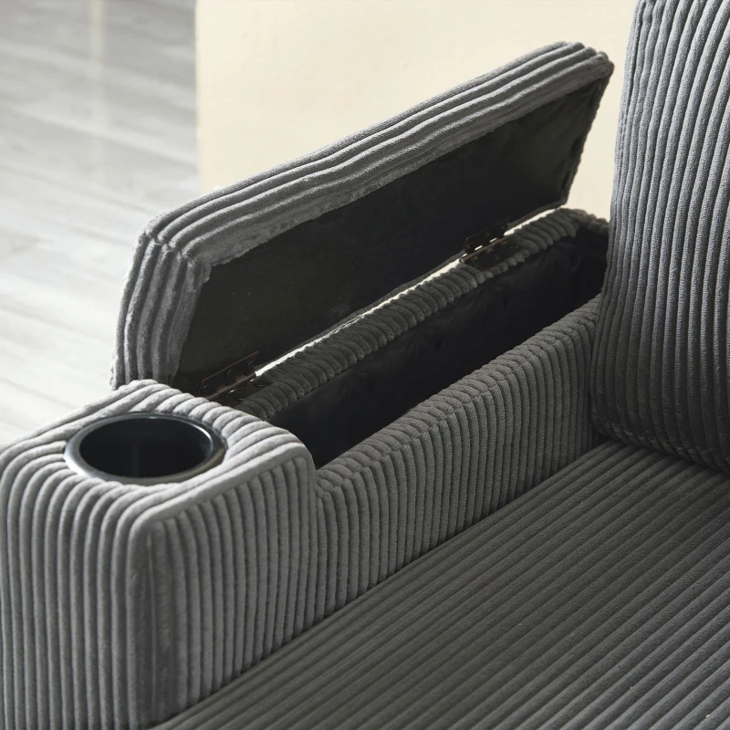 3-in-1 Convertible Corduroy Sofa Bed with Chaise and Charging Station, L-Shaped Sleeper Sofa with Armrest, 205L x 128W x 79H cm, Grey