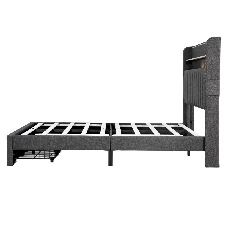 Double Upholstered Bed with Storage Drawers, Charging Ports, Linen Platform Frame with LED Night Light, 205L x 142.5W x 122H cm, Grey