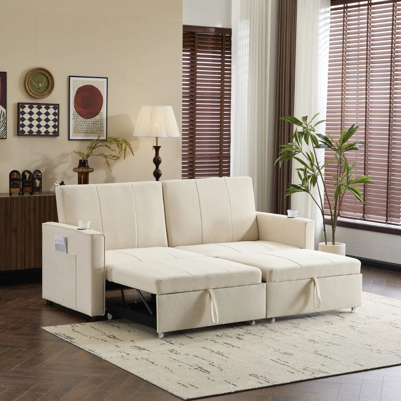 Versatile Sofa Bed with King-Size Independent Pull-Out and Fabric Design, Sleeper Sofa with Cup Holders and Pockets, 207L x 87W x 96H cm, Beige