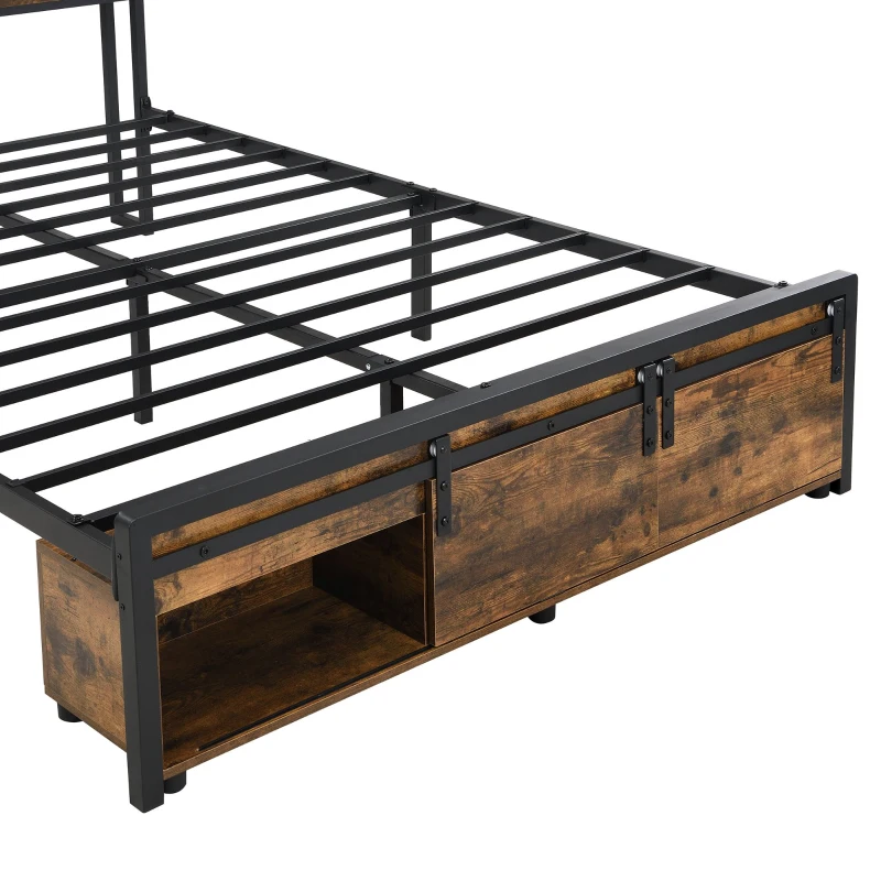 Metal Double Bed with LED Lights and Charging Ports, Practical Bed Base with Built-In Storage, 209L x 137.5W x 114.5H cm, Black+Natural