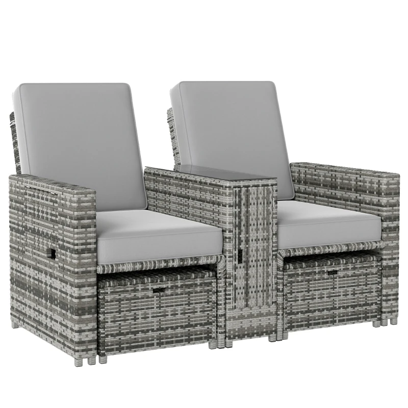 Outsunny Rattan Sun Lounger w/ Storage Tea Table & Footstools, Grey