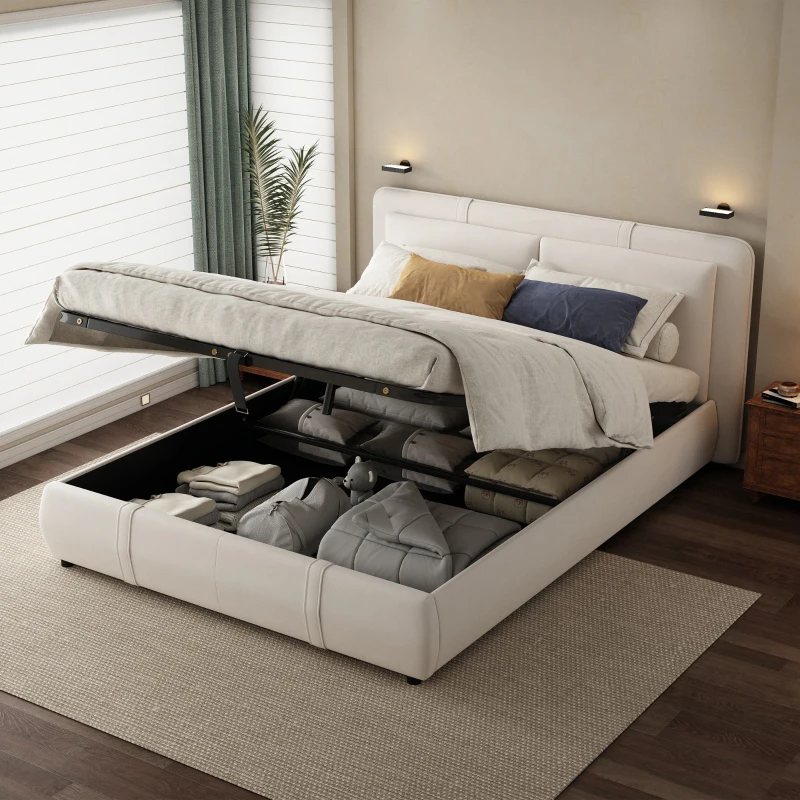 Upholstered Double Bed with Hydraulic Storage and Headboard, Full-Size Bed Ideal for Storing Bedding, 210L x 159W x 90H cm, Beige