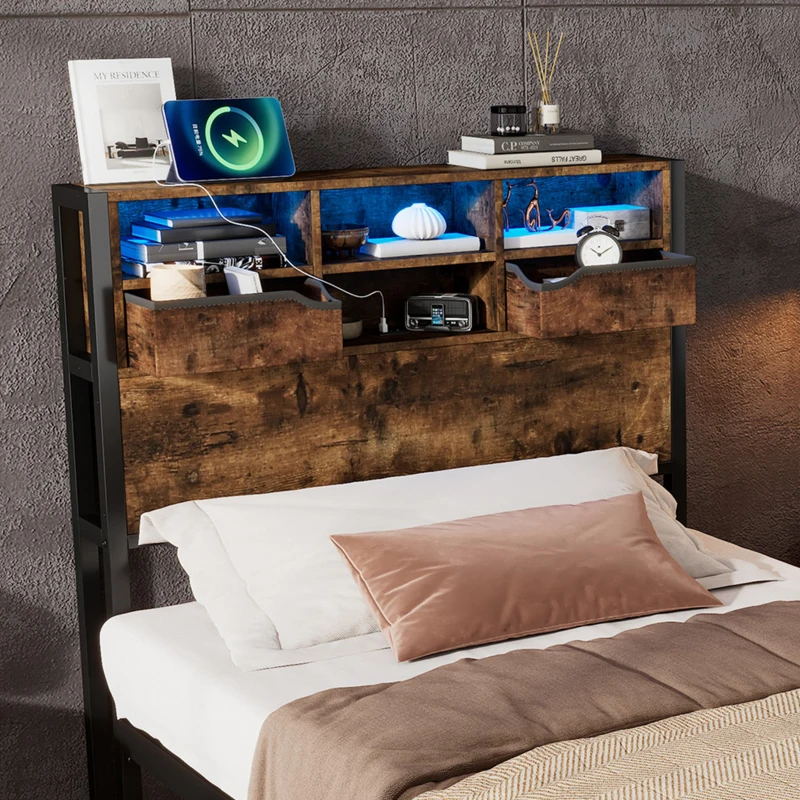 Modern Metal Single Bed with LED Lights and Charging Ports, Crafted Headboard with Sturdy Iron Slats, 209L x 90.5W x 114.5H cm, Black+Natural