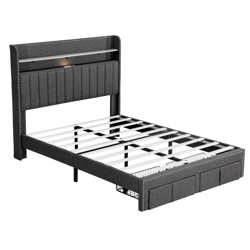 Double Upholstered Bed with Storage Drawers, Charging Ports, Linen Platform Frame with LED Night Light, 205L x 142.5W x 122H cm, Grey