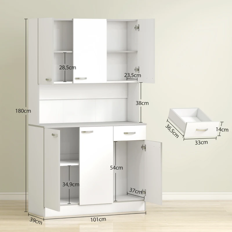 HOMCOM Alacena de Cocina Aparador de Comedor con 1 Cajón 6 Puertas y Estantes Ajustable Estilo Moderno 101x39x180 cm Blanco(m-3)
