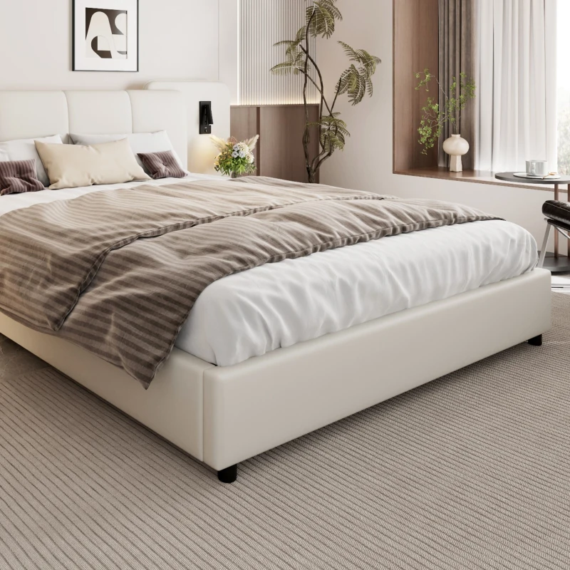 Upholstered Double Bed with Charging Port and Lighting, Headboard with Impact-Resistant Sponge Padding, 209L x 221W x 86.5H cm, Beige