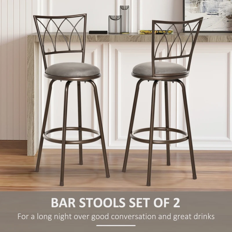HOMCOM Set of 2 Bar Chairs Swivel Armless Upholstered Metal Frame Barstools with Backrest & Footrest, Bronze