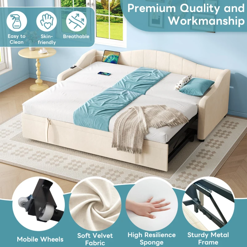 Velvet Upholstered Daybed with USB and Type-C Charging Ports, Convertible Sofa Bed with Pull-Out Trundle, 202L x 193W x 78H cm, Beige