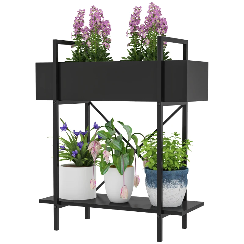 Outsunny Support plantes interieur 2 niveaux, porte plante avec trous de drainage, plateau supérieur, métal, 60 x 25 x 70 cm noir