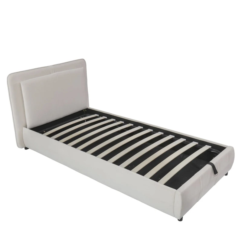 Upholstered Hydraulic Bed with Storage and Removable Headboard, Crafted Headboard with Velvet and Plywood, 210L x 110W x 90H cm, Beige