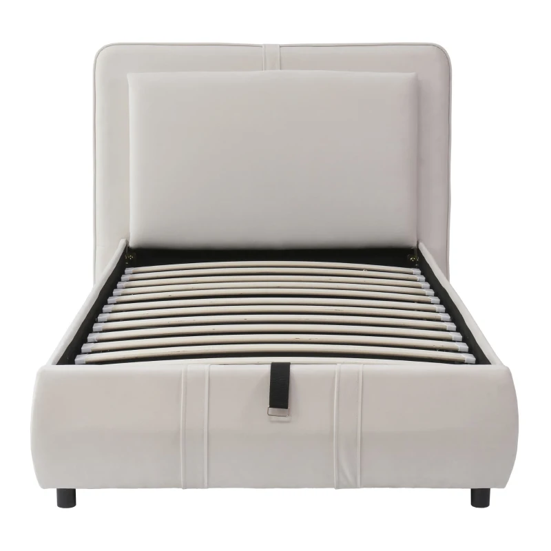 Upholstered Hydraulic Bed with Storage and Removable Headboard, Crafted Headboard with Velvet and Plywood, 210L x 110W x 90H cm, Beige