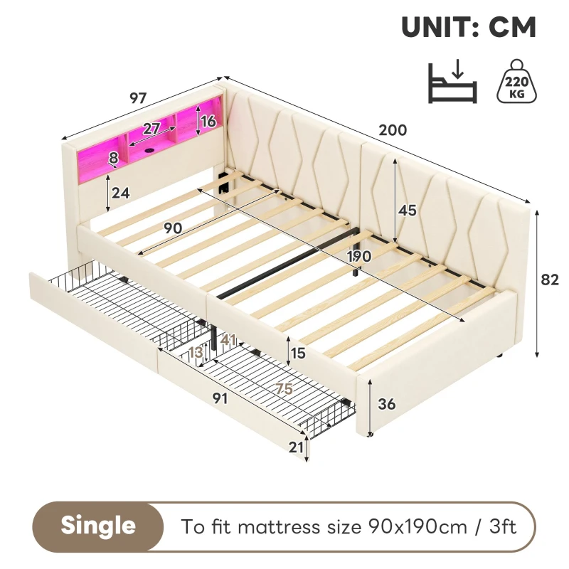 Single Daybed with Storage Drawers, LED Headboard and Charging Station, Linen Sofa Bed Ideal for Compact Rooms, 200L x 97W x 82H cm, Beige