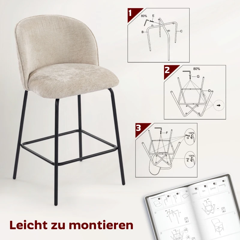 HOMCOM 2-delige set Barkruk met rugleuning en voetensteun, gestoffeerde stoelen met stalen poten voor keukeneiland, eetkamer, Beige(m-7)