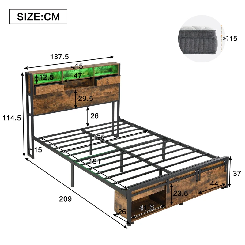 Metal Double Bed with LED Lights and Charging Ports, Practical Bed Base with Built-In Storage, 209L x 137.5W x 114.5H cm, Black+Natural