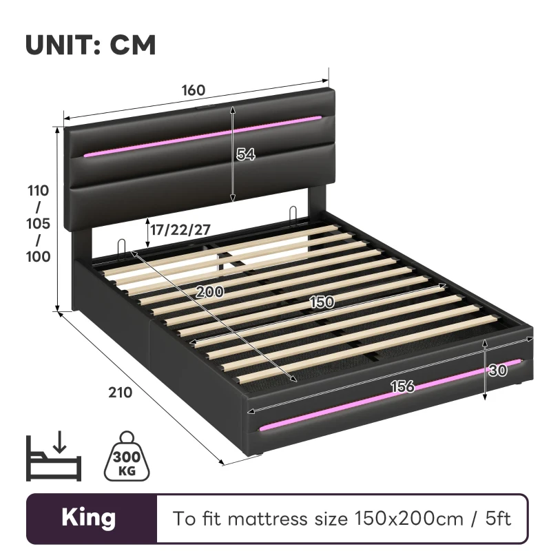 King Upholstered Bed Frame with Hydraulic Storage and LED Lighting, Bedside Equipped with Type-C and USB ports, 210L x 160W x 110H cm, Black
