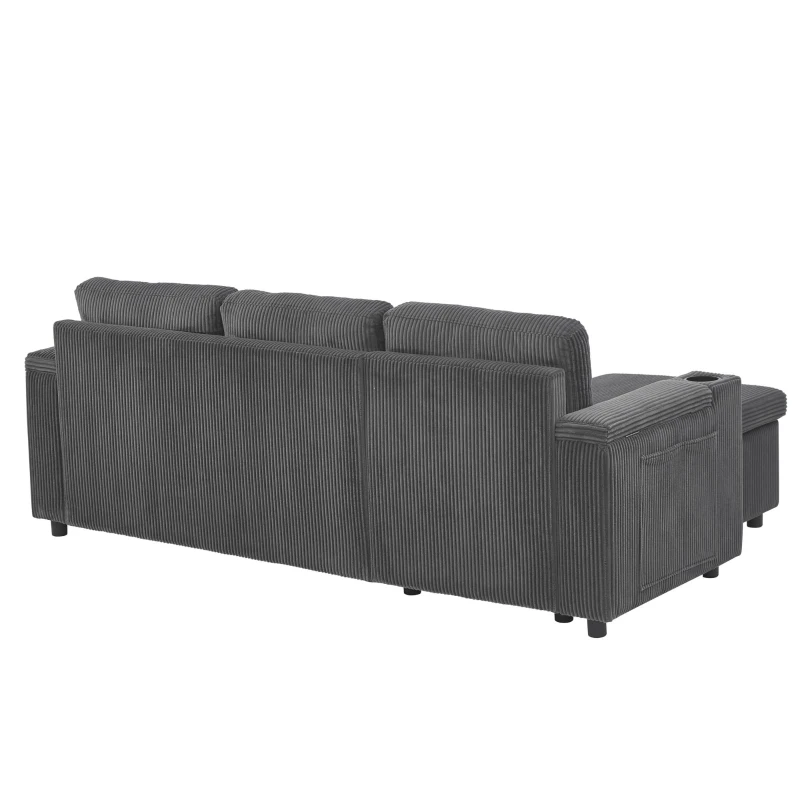 3-in-1 Convertible Corduroy Sofa Bed with Chaise and Charging Station, L-Shaped Sleeper Sofa with Armrest, 205L x 128W x 79H cm, Grey